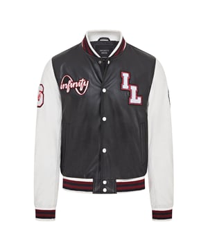 Introducing the Men's Baseball Leather Jacket, a perfect blend of classic varsity style and modern craftsmanship. This letterman bomber jacket features contrasting sleeves and a striped knit ribbed collar, waistband, and cuffs for a timeless athletic look. The press studs front closure and embroidered brand logo patches on the chest and sleeves add a touch of authenticity and flair. Designed with practicality in mind, it includes two jet pockets at the waist and two inside welt pockets for your essentials. The panelling to the back of the jacket ensures a tailored fit and superior comfort.

Contrasting sleeves for a stylish look
Striped knit ribbed collar, waistband, and cuffs for a classic finish
Press studs front closure for easy wear
Embroidered brand logo patches on the chest and sleeves for added detail
Two jet pockets at the waist and two inside welt pockets for convenience