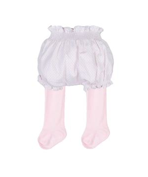 Bloomers with tights.
 Bloomers:
 Elastic waistband and bottoms.
 Fun design.
 Seams seen in tone.
 Leotards:
 Brand name on the plant.
 Composition: Bloomers: 100% Cotton; Leotards: 80% Cotton, 17% Polyamide, 3% Elastane
 Care:
Wash maximum at 30ºC.
 -Do not iron.
 - It is not allowed to use a dryer.
 - Do not use bleach.
 - Does not support dry cleaning.