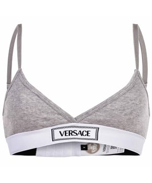 Geripptes Bralette von der Marke VERSACE. Triangel-Form mit Rückenverschluss und verstellbaren Trägern,  Unterbrustband mit Logo, Stretch-Baumwolle.