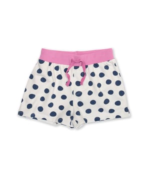 95% organic cotton 5% elastane | Proud to be certified to the Global Organic Textile Standard (GOTS) | Big spot all-over print | Cream and navy blue | French terry loop back fabric (240-250 gsm) | Elasticated waistband with adjustable ties | Mock fly detail | Made in Turkey | Machine washable at 40 degrees, or at 30 degrees to be kinder to the planet