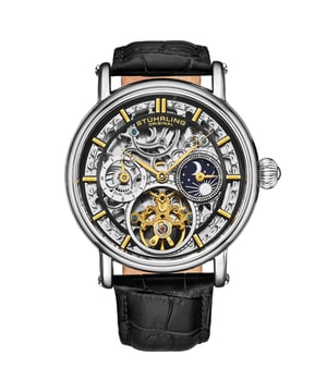 Men's Automatic Silver Case, Silver Bezel, Black Dial Ring with Silver Background and Gold Toned Accents, Gold Toned Hands and Markers, Black Alligator Embossed Genuine Leather Strap Watch