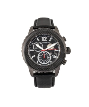 316L Surgical-Quality Stainless Steel Case; Accurate Japanese Quartz Movement; Full-Function Chronograph; Non-Glare Scratch Resistant Mineral Crystal; Carbon Fiber Pattern Dial; Logo-Engraved Stainless Steel Caseback; Uni-Directional Rotating Carbon Fiber Bezel; Genuine Leather Carbon Fiber Pattern Strap; Logo-Engraved Stainless Steel Clasp; Luminous Hands; Magnified Date Display; 24-Hour Sub-Dial; 45mm Diameter; 10 ATM Water Resistance;