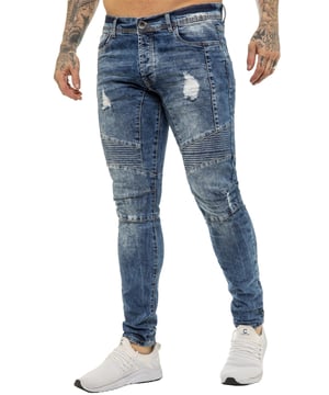 Tailored in cotton stretch denim for a super slim fit through the leg, this 5 pocket design features biker stitching at the knee, bleached and distressed details, a button fly fastening and a waistband with black PU brand tag. Branded buttons and rivets complete this on-trend skinny style