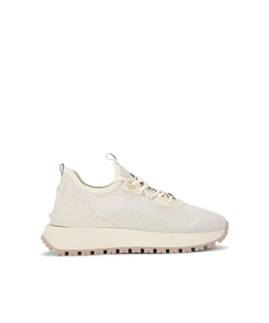 This KG Kurt Geiger Louisa Knit sneaker has a knitted fabric upper in bone. There is gold tone branding across the upper. The tongue and heel also feature a contrast branded tab.