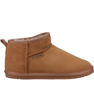 Dames bruine Hush Puppies ashanti slippers, gemaakt van suède en een rubberen zool. Met: imitatiebontvoering, hiellus, rubberen zool en hush puppies branding.