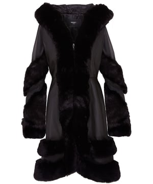 Experience ultimate luxury with this Women's Flared Black Leather Hooded Cape Coat. Crafted from premium Lamb Nappa Leather, this statement piece combines elegance and warmth. The long 3/4 length design features a soft faux fur trim for a sophisticated touch. With an acetate lining and bodywarmer functionality, it ensures maximum comfort. The zip closure and premium finish add a modern edge to this timeless silhouette, making it perfect for chilly outings or special occasions.

Features:
Material: Lamb Nappa Leather with faux fur trim.
Lining: Acetate for a smooth and comfortable fit.
Length: Long 3/4 length, ideal for extra coverage.
Design: Flared cape style with a luxurious hood.
Hood: Generous hood lined with faux fur for added warmth and style.
Closure: Durable zip closure for ease and style.
Functionality: Bodywarmer for added insulation.
Finish: Premium craftsmanship ensures long-lasting quality.