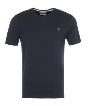 Mens Farah Eddie Organic Cotton T- Shirt in navy.- Bound ribbed crew neck.- Short sleeves.- Embroidered Farah logo.- Modern fit.- 100% Cotton - Organic.- Ref:FAKSB012412