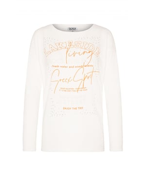 Dit shirt met lange mouwen en boothals voor dames is op vele manieren te combineren en is een musthave basic voor in de garderobe. Het heeft een licht getailleerde snit. Het shirt heeft verlaagde schouders en smalle mouwen. Het zachte materiaal garandeert een hoog draagcomfort. De grote print op de voorkant werd geaccentueerd met pofelementen en strass-steentjes en geeft het shirt een geweldig visueel hoogtepunt. Een kleine labelprint onder de neklijn aan de achterkant maakt het ontwerp compleet.