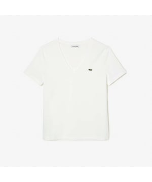 Dames Lacoste V-hals Loose Fit Katoenen T-shirt.- V-hals - Zachte katoenen jersey - Losse pasvorm - Decoratieve stiksels - Geborduurde groene krokodil op borst- 100% Katoen.  Machinewasbaar.- Ref: TF8329-001