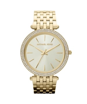 Shop Michael Kors MK3191 EAN 4051432739156. Mooi designerhorloge uit de darci collectie met een elegante champagnekleurige wijzerplaat met een met stenen bezette lunette, slanke goudkleurige baton uurmarkeringen en zilverkleurige wijzers.