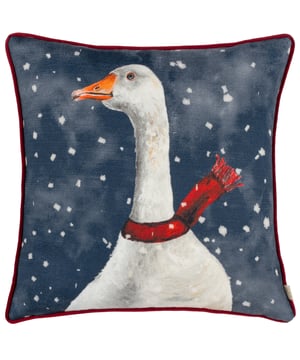 In typical realistic acrylic hand-painted, printed quality and rich colours, a Goose keeps warm in the falling snow by donning a winter scarf against a chilly navy blue background. A charming and playful cushion to put out during the holiday season while still preserving a rustic country sense to your home decor.