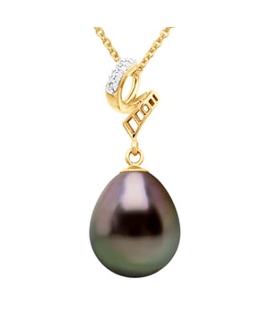 Anhänger VOLUTES aus Gelbgold – echte TAHITI-Zuchtperle in Birnengröße 11–12 mm – Lieferung mit Echtheitszertifikat und internationaler Garantie – HERGESTELLT IN FRANKREICH * Dieser Anhänger in V-Form wird Ihnen in einer Box mit einer vergoldeten Kette geliefert, die kostenlos angeboten wird
