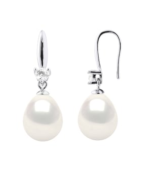 Earrings Silver 925 & Cubic Zirconia - 2 Real Cultured Freshwater Pearls Pear 9-10 mm - COLOR NATURAL WHITE - Clasp Clip - Delivered with Certificate of Authenticity and International Guarantee - MADE IN FRANCE