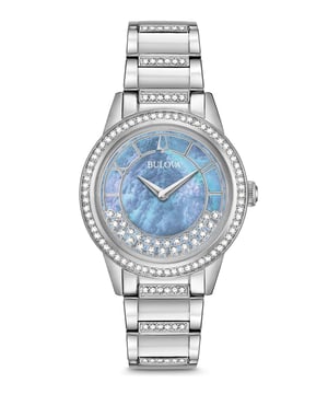 This Bulova Turnstyle Analogue Watch for Women is the perfect timepiece to wear or to gift. It's Silver 32 mm Round case combined with the comfortable Silver Stainless steel watch band will ensure you enjoy this stunning timepiece without any compromise. Operated by a high quality Quartz movement and water resistant to 3 bars, your watch will keep ticking. This elegant, fashionable watch setted with 139 beautiful Swarovski® Crystals on the bracelet is a perfect gift for New Year, birthday,valentine's day and so on High quality 19 cm length, 14 mm wide Silver Stainless steel strap with a Deployment clasp Case diameter: 32 mm, Case height: 10 mm and Case color: Silver Dial color: Mother of pearl