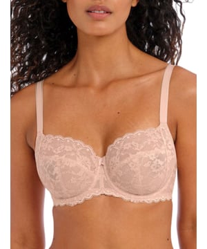 Freya Offbeat Side Support Bra. A four piece cup with stretch lace and a laminated side cup. Product is hand wash only.