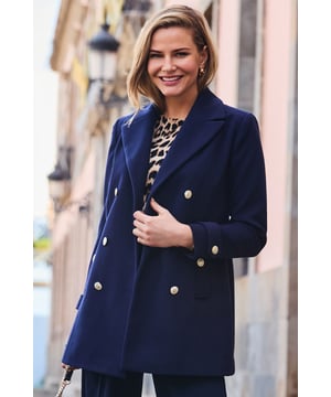 It's a classic for a reason Cut to a timeless pea coat silhouette Elevated with luxe gold buttons Flattering thigh-grazing hem Style with jeans and a knit for effortless chic Throw over a dress and knee-high boots