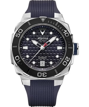 This Alpina Seastrong Diver Extreme Analogue Watch for Men is the perfect timepiece to wear or to gift. It's Black 40 mm Round case combined with the comfortable Blue Rubber watch band will ensure you enjoy this stunning timepiece without any compromise. Operated by a high quality Automatic movement and water resistant to 30 bars, your watch will keep ticking. This watch has an automatic watch movement ( recharged by any movement with your wrist; never needs a battery)  This Analogue watch has a calendar function: Date , Swiss Made , Luminous Hands , Luminous Numbers and Screw Down Crown High quality 21 cm length and 23 mm width Blue Rubber strap with a Deployment clasp Case diameter: 40 mm,case thickness: 13 mm, case colour: Black and dial colour: Blue