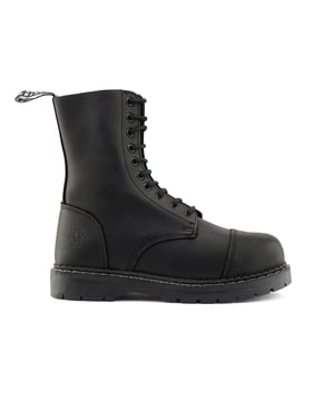 The Stag ACS, a celebrated staple of Grinders' original lineup, has maintained its status as a best seller with its 2015 update. This updated model features a 10-eyelet lace system for a secure fit and is reinforced with a steel toe cap certified to EN ISO 20345:2011 SB standards for enhanced safety. The boot's padded insole provides added comfort, while its durability is assured by a chunky, oil-resistant rubber sole that is Goodyear welted for long-lasting wear. Additionally, the Stag incorporates Grinders' Air Cushioned Soles (ACS) for superior comfort. A branded pull loop at the boot's opening ensures ease of wear and removal. 10 Eyelet Derby Boot, Steel Toe (Certified EN ISO 20345:2011 SB), Goodyear Welted, Grinders’ Air Cushioned Soles (ACS), Leather Uppers