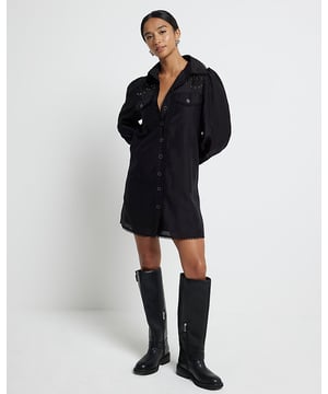 Petite collection, Studded, Broderie trim, Chest pockets, Cutwork detail, Collared, Long sleeves, Cuffed, Button fastening, Mini length
