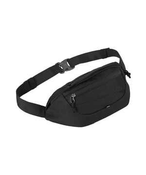 Material: Polyamide, Polyester PU Coating. Height: 28cm. Length: 14cm. Width: 10cm. Denier: 900D. Fabric Technology: DWR Finish, EcoShield. Design: Logo, Reflective. Fastening: Zip. 295gsm. Adjustable Waist Belt, Front Zipper Pocket. Compartments: 1 Main Compartment. Pockets: Multiple Internal Pockets, RFID Blocking. Sustainability: Made from Recycled Materials. Capacity: 1.5L.