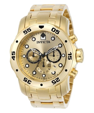 De Invicta 0074 heeft een 48 millimeter roestvrijstalen kast met een gouden wijzerplaat. Dit model wordt aangedreven door een nauwkeurige kwartsbeweging. 20 bar waterdrukbestendig. Dit model maakt deel uit van de Invicta Pro Diver - SCUBA collectie.

Inclusief 2-jarige Invicta garantie.