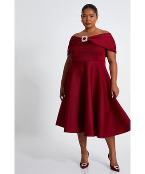 - Bardot neckline - Skater style - Embellished brooch detail - Midi length - Model height: 5' 7" - Model wears uk 18 / us 14 / eur 46 - Always check the care wash label - Cool hand wash with mild detergent