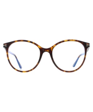 Tom Ford Round Womens Dark Havana FT5742-B  FT5742-B are a modern round style crafted from lightweight acetate. Signature Tom Ford Ts wrap around the corner flick and along the slender temples. These ready to wear glasses have blue light block lenses that help to prevent and reduce eye strain against long exposure to digital devices.