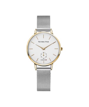 This wristwatch in classic design by Victoria Hyde London is not only noble and timeless, but also easily combined with any outfit. With its matte white dial, gold case and silver watch strap, this watch in the trendy bicolor look is the perfect companion, both for the day and for the evening. A special highlight is the second watch movement on the dial, which makes the watch a very special eye-catcher.
Best of all, if the silver watch strap doesn't match your outfit, you can easily replace it with another 14mm strap for an especially individual look.

Movement：Miyota 2035
Glass：Mineral glass
Watch band material： Stainless steel mesh band
Case diameter： 34mm
Case thickness：8.0 mm
Water resistant：3 atm
Watch strap length：190 mm
Watch strap width : 14 mm