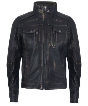 A stunning jacket with a distinctive, distressed appearance which is crafted from butter soft Nappa leather. It features a chunky YKK zip fastening and a high stand collar which can be held shut with a press stud buckle. On the chest are two flap, patch pockets adjacent to a pair of vertical zip pockets while two hand warmer pockets at the waist have press stud closures. This jacket is a perfect blend of the rugged and iconic biker look and is this seasons must have item in your wardrobe. Available in other colours.