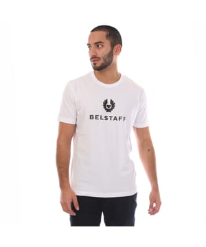 Mens Belstaff Cotton Jersey Signature T-Shirt in white.- Ribbed crew neck.- Short sleeves.- Phoenix logo on the chest.- Soft  lightweight.- Regular fit.- 100% Cotton.- Ref: 104141WHITE