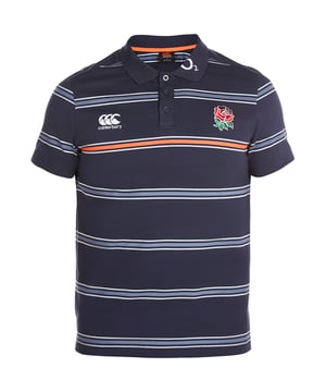 Canterbury Mens England Striped Logoed Cotton Jersey Polo Shirt. Yarn dyed stripe. Side vents with triple bartack detail. Three button placket. Embroidered logos.