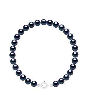 Bracelet of Real Cultured Freshwater Pearls Round 5-6 mm - COLOR BLACK TAHITI - with Spring Ring Clasp Ergonomic White Gold 750 - Length 18 cm- Delivered with Certificate of Authenticity and International Guarantee -MADE IN FRANCE