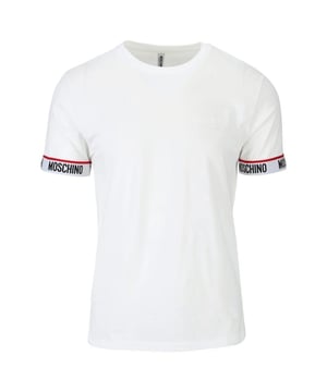Moschino Taped Sleeve Logo White T-Shirt , Tape Logo On Sleeve Ending, 100% Cotton, Regular Fit, Fits True To Size, Taped Shoulder, Monotone Logo On Chest