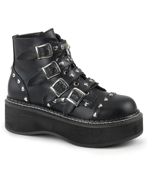 Alternative in its style, showcase your personality with these Demonia Emily 315 black gothic ankle boots. The black vegan leather uppers come with heart-shaped studs along the seams and 4 studded straps with metallic buckles. Additional detailing like the metal O-ring and front laces completes this boots stylish, contemporary look. With a comfortable 2" rubber platform sole and inside zip closure, this boot does not compromise comfort and practicality for style. Perfect for a casual evening or when you are looking to make a statement, your wardrobe is incomplete without these Demonia ankle boots.