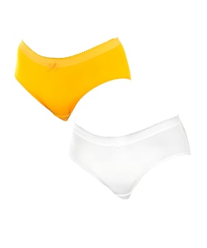 Pack-2 Braguitas DIM.
Color Mostaza-blanco
Cinturilla elástica y con lazo en la parte central. 
Tejido elástico y transpirable.
Forro interior a tono.
Costuras vistas a tono.

Composición:  85% Poliamida - 15% Elastan.

Cuidados:
- Lavar a temperatura máx. 40º.
- No usar lejía.
- No usar secadora.
- No planchar.
- No lavar en seco.