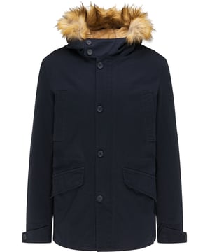 Het goede aan deze katoenen parka van Mo is dat hij in alle seizoenen kan worden gebruikt. Dankzij een uitneembare en gewatteerde binnenjas met imitatiebont wordt de anders zo lichte parka een verwarmende korte jas. Het imitatiebont op de capuchon kan ook met een rits worden verwijderd. De sportief-casual look wordt ondersteund door de bovenste paspelzakken en de grote klepzakken, terwijl een intern taillekoord zorgt voor een vormvaste look. De casual parka wordt gesloten met een rits en knoopsluiting.  Parka
