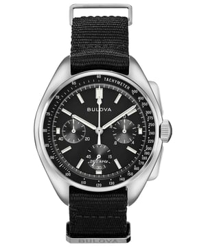 This Bulova Lunar Pilot Chronograph Watch for Men is the perfect timepiece to wear or to gift. It's Silver 41 mm Round case combined with the comfortable Black Nylon will ensure you enjoy this stunning timepiece without any compromise. Operated by a high quality Quartz movement and water resistant to 5 bars, your watch will keep ticking. This watch has a Six-hand chronograph movement features proprietary high-performance quartz technology with 262 kHz vibrational frequency for precise accuracy -The watch has a function: Stop Watch, Luminous Hands, Luminous Numbers, Tachymeter. High quality 21 cm length and 19 mm width. Black Nylon strap with a Buckle. Case diameter: 41 mm, case thickness: 13 mm, case colour: Silver and dial colour: Black