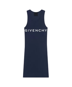 Vestido azul marino, haras una declaracion con cada uso. !Haz una declaracion de estilo!, 95% Algodon, 5% Elastano, Logotipo de Givenchy en el pecho, Vestido azul marino, Estilo camiseta sin mangas, Estilo acanalado