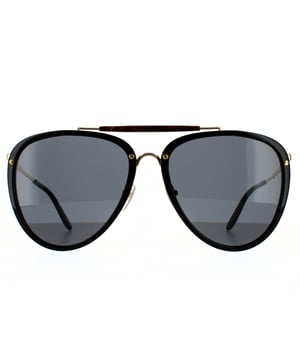 Gucci Aviator Mens Shiny Black and Gold Grey Sunglasses Gucci are a feminine aviator style crafted from lightweight acetate with contrasting metal details. Teardrop shaped polyamide lenses are framed in plastic, with a distinctive top bar, metal bridge and adjustable nose pads. Super slim metal temples are finished with a Gucci logo engraving..