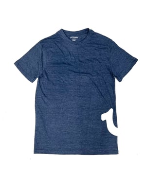 True Religion loungewear tee in heather dress blue features a big horseshoe logo on the side of the body. Made with a soft cotton/poly blend, and has a crew neckline & short sleeves.