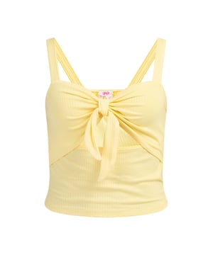 Met deze cropped top van myMo zul je veel plezier beleven. Het is meer dan alleen een comfortabele basic voor het dagelijks leven. Het is gemaakt in Italië van een zachte, ribgebreide viscose en heeft een geknoopt lijfje met een uitsparing eronder.  Topje met gebreide bandjes