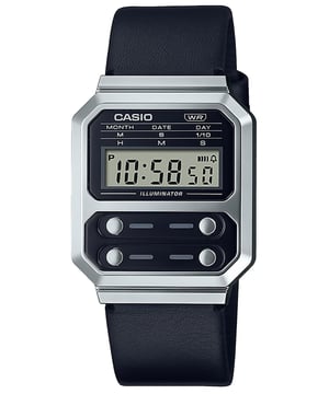 This Casio Casio Collection Vintage Digital Watch for Unisex is the perfect timepiece to wear or to gift. It's Silver  Rectangular case combined with the comfortable Black Leather watch band will ensure you enjoy this stunning timepiece without any compromise. Operated by a high quality Quartz movement and water resistant to 3 bars, your watch will keep ticking. This Elegant and practical watch is perfect for all occasions. It’s a great gift for your relatives and friends -The watch has a calendar function: Day-Date, Stop Watch, Alarm, Light High quality 20 cm length and 21 mm width Black Leather strap with a Buckle Case Measurement: 32x40  mm,case thickness: 9 mm, case colour: Silver and dial colour: Black