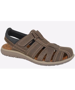 Roamers redefines comfort with their Jefferson Back In sandals , featuring a suede leather upper , padded sock and grippy outsole for optimal cushioning and support. 
 - Leather upper 
 - Hook and loop closure for easy on / off wear 
 - Padded suede sock 
 - Textile lining 
 - Grippy PU outsole