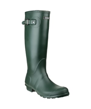 Hohe Damen-Wellies mit dekorativem Schnallenriemen an der Seite. Knielang. Vollständig wasserdicht. Selbst gefüttert. Mit PVC-Obermaterial hergestellt. Einfaches Anziehen und bequeme Passform. Wadenumfang: 36cm.