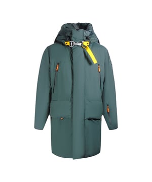 Parajumpers groene jas, twee knoopzakken aan de voorkant, PJS-patch op de linkermouw, 100% polyester jas, donsjack