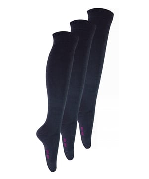These Girls Extra Long Bamboo Socks are the perfect socks for keeping your little one's feet cosy and comfortable. They're made with super-soft bamboo that keeps their feet cool in summer and warm in winter, which makes them perfect for all year round socks for School and play. Bamboo materials help the wearer keep feet pleasantly fresh all day, with thanks to the hollow structure of the fibres, making bamboo a super absorbent material. This means that bamboo effectively wicks moisture and sweat away from the skin. Bamboo socks are breathable and up to four times more absorbent than cotton socks. The silky-feel bamboo blend fabric has antibacterial properties which are able to resist odours and fungal formation and the handlinked toe seams are created so that they won't rub or chafe. Whether they’re running around at home or have a busy day at school, these bamboo socks will get them through the day with their effective moisture wicking and breathable properties. These socks feature elasticated comfort cuffs so their legs feel comfortable in wearing these soft socks. These socks come in a pack of 3 pairs, they are available in the colours of Black, Navy White & Grey. They’re made from 77% Viscose (from bamboo), 22% Polyester, 2% Elastane and are available in 2 kids sizes: 12-3 UK (30-36 EUR, 13-4 US) & 9-12 UK (27-30 EUR, 10-1 US). They are machine washable.