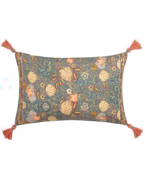 Inspired by arts and crafts, the Bolais cushion fuses mesmeric colour combinations together to create a busy palette of tones and floral patterns which are all printed on incredibly soft cotton and set against a deep toned teal background. Surrounded by a contrasting tassel on each corner for a bit of added style, this cushion brings a splash of colour to many contemporary interiors.