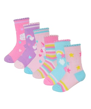 If you need to stock up on the little ones' sock drawer but want to make sure that you’ve got socks to last them as well being soft and comfy for their tiny feet then why not consider these great 6 Pack Cotton Rich Unicorn Socks? Designed with you little girl in mind, these socks come with cute and pretty patterns of the popular mythical creature, Unicorns on them! With great pinks, purples, stars and rainbow patterns, as well as a couple of striped socks included, there's plenty for you to choose from in one pack. These baby girl socks are Cotton Rich which will make sure that their feet remain super soft and comfortable throughout the day. These socks come in 6 pairs with Unicorns, Stars, Rainbows and more on them and are available in 3 sizes: 0-6 Months, 6-12 Months & 12-24 Months. They are made from 78% Cotton; 20% Polyester; 2% Elastane and are Machine Washable.
