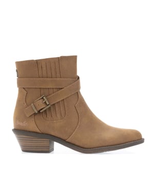 Womens Blowfish Malibu Lyah Buckle Western Boots in rust.- Vegan faux suede upper.- Strap and buckle fastening.- Inside zipper.- Shaped top line and panel detailing.- Comfortable cushioned insole made with BLOOM Foam  and eco-friendly material using algae.- Ref: BF10430523