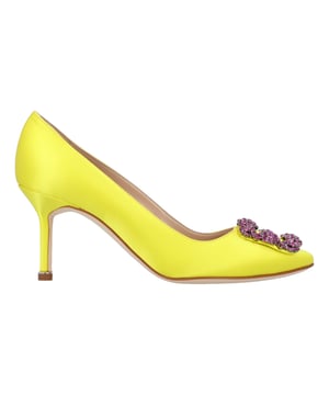 Satin almond toe pumps featuring a square crystal buckle encased in a gunmetal frame. Finished with a stiletto mid heel.

 Upper: 68% viscose, 32% silk.
Sole: 100% cow leather.
Lining: 100% kid leather.
Heel measures 70 mm.
Made in Italy.Measurments: